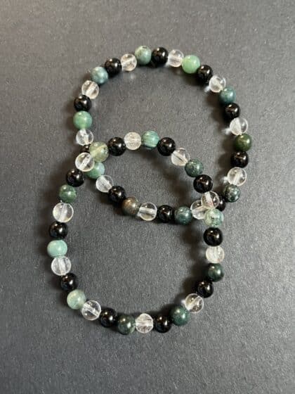Steinbock Heilstein-Armband für Fokus, Erdung und innere Stärke mit Moosachat, Bergkristall und Onyx